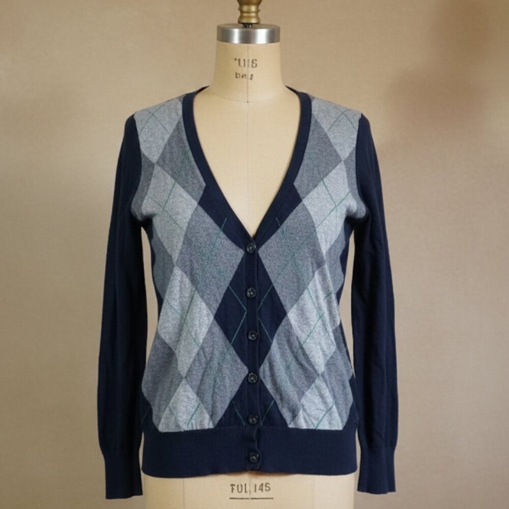 2/$20 Joe Fresh Argyle Pattern Button-Up Cardigan navy blue grey green, sz Small